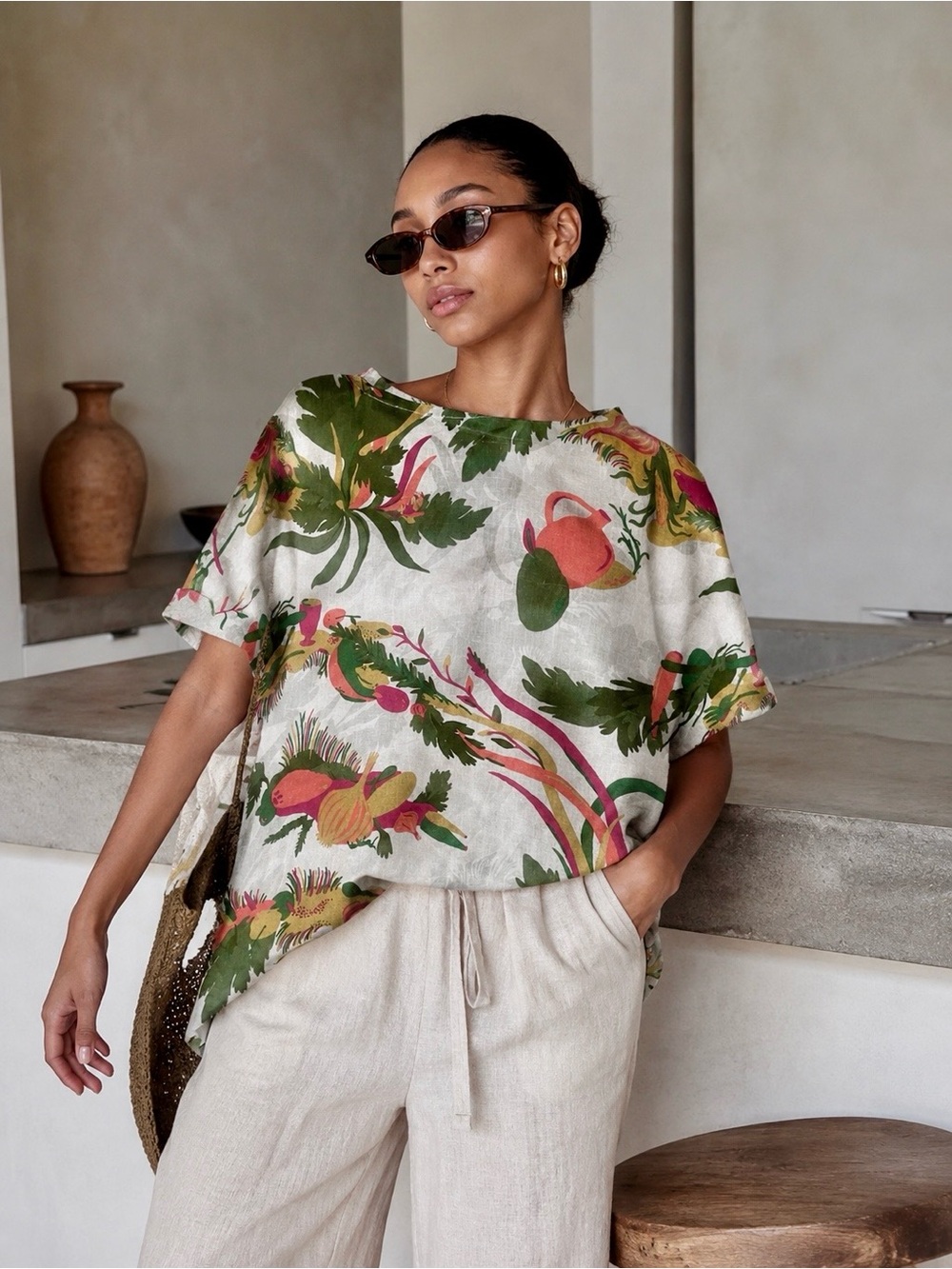 Gravel & Gold Linen Botanical Culinary Print Boxy Top L/XL Cottagecore
